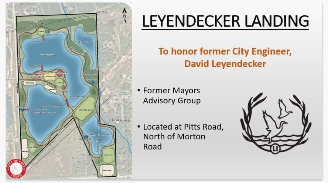 Leyendecker Landing is a water detention facility north of Morton Road and east of Pitts Road.
